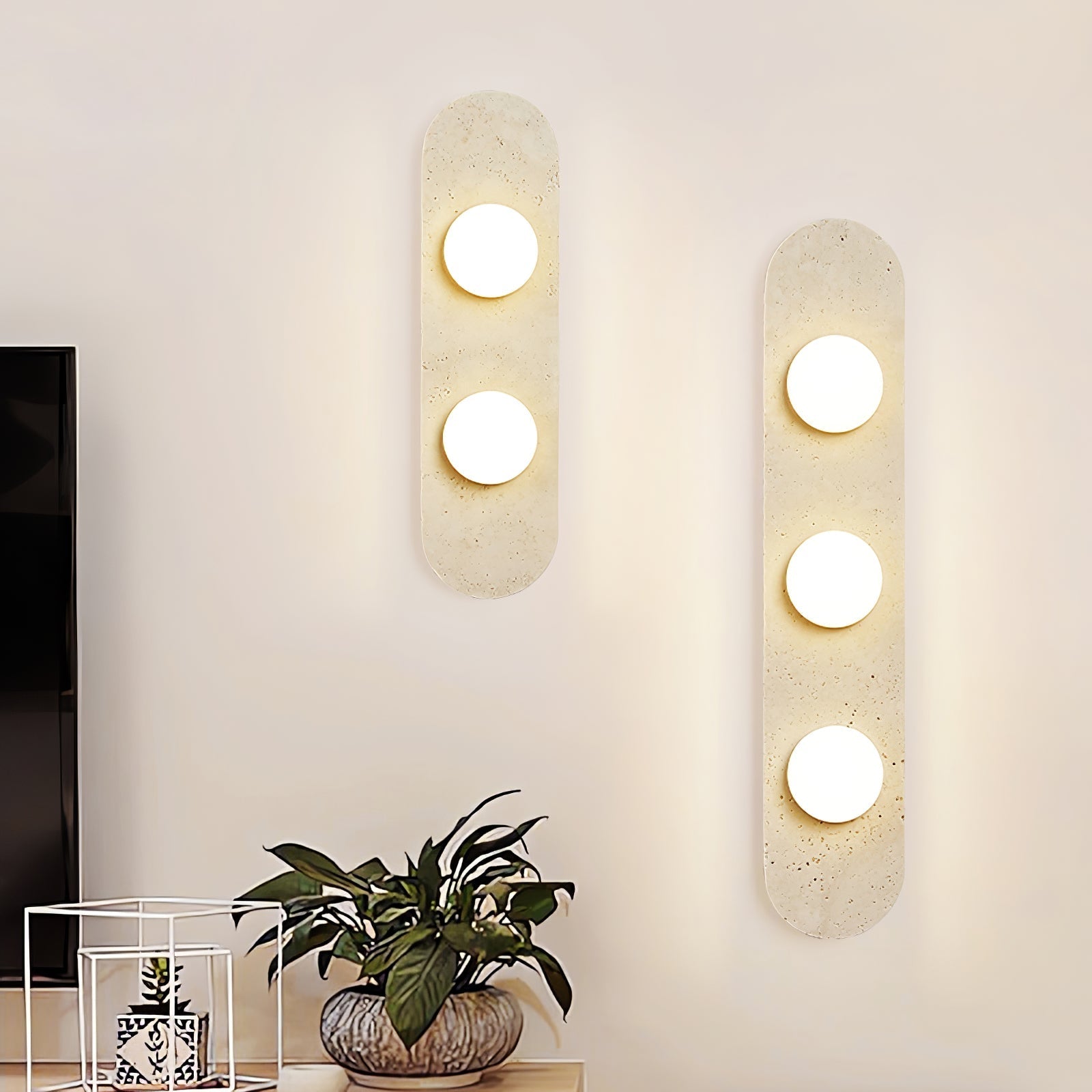 Rounded Travertine Wall Light, Hardwired Wall Sconce, detail 2