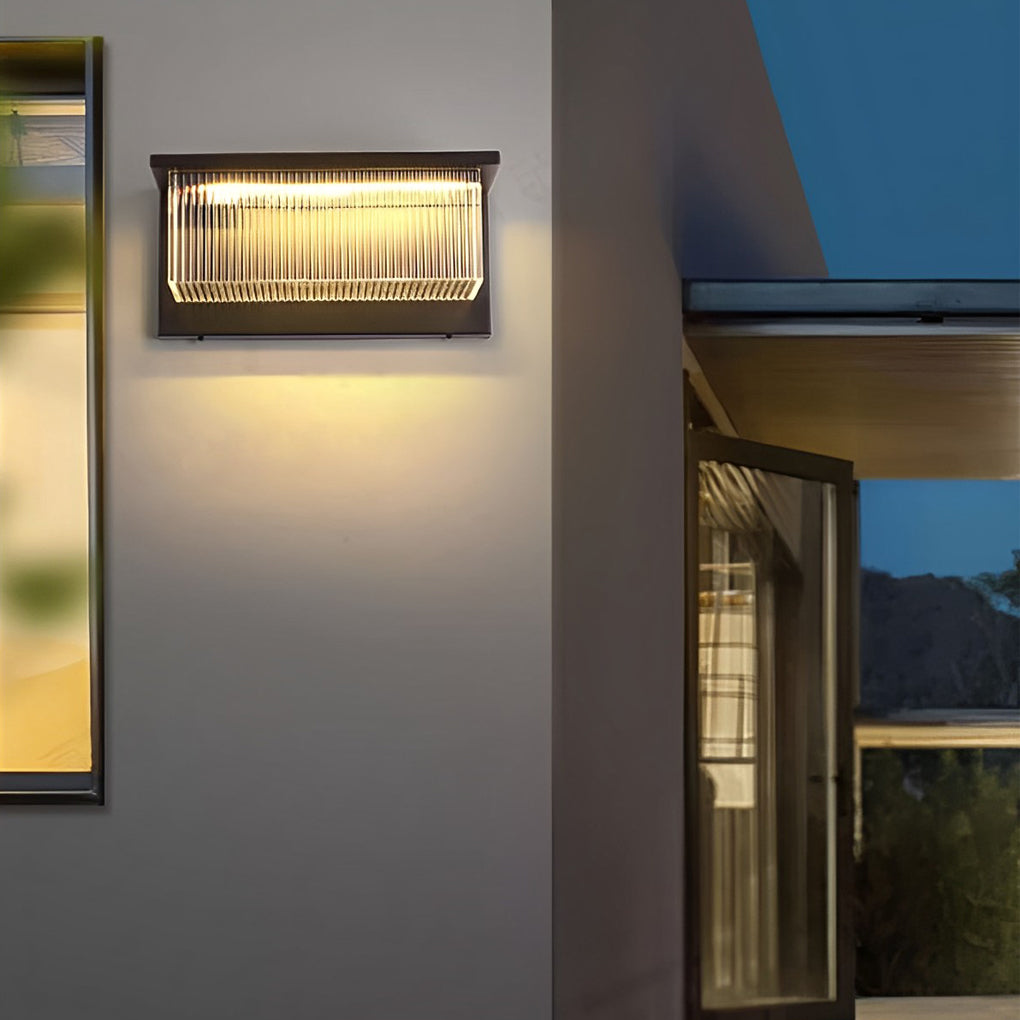 Box Striped Acrylic Shade Waterproof Black Contemporary Solar Wall Fixtures, Hardwired Wall Sconce, Stainless Steel, 15.7"
