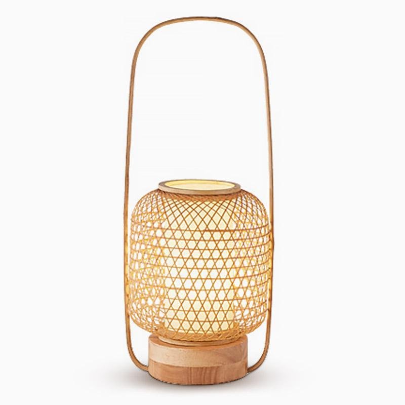 Rustic Woven Bamboo Table Light with Cylinder LED Light & USB Port, Bedside Table Lamp, detail 7