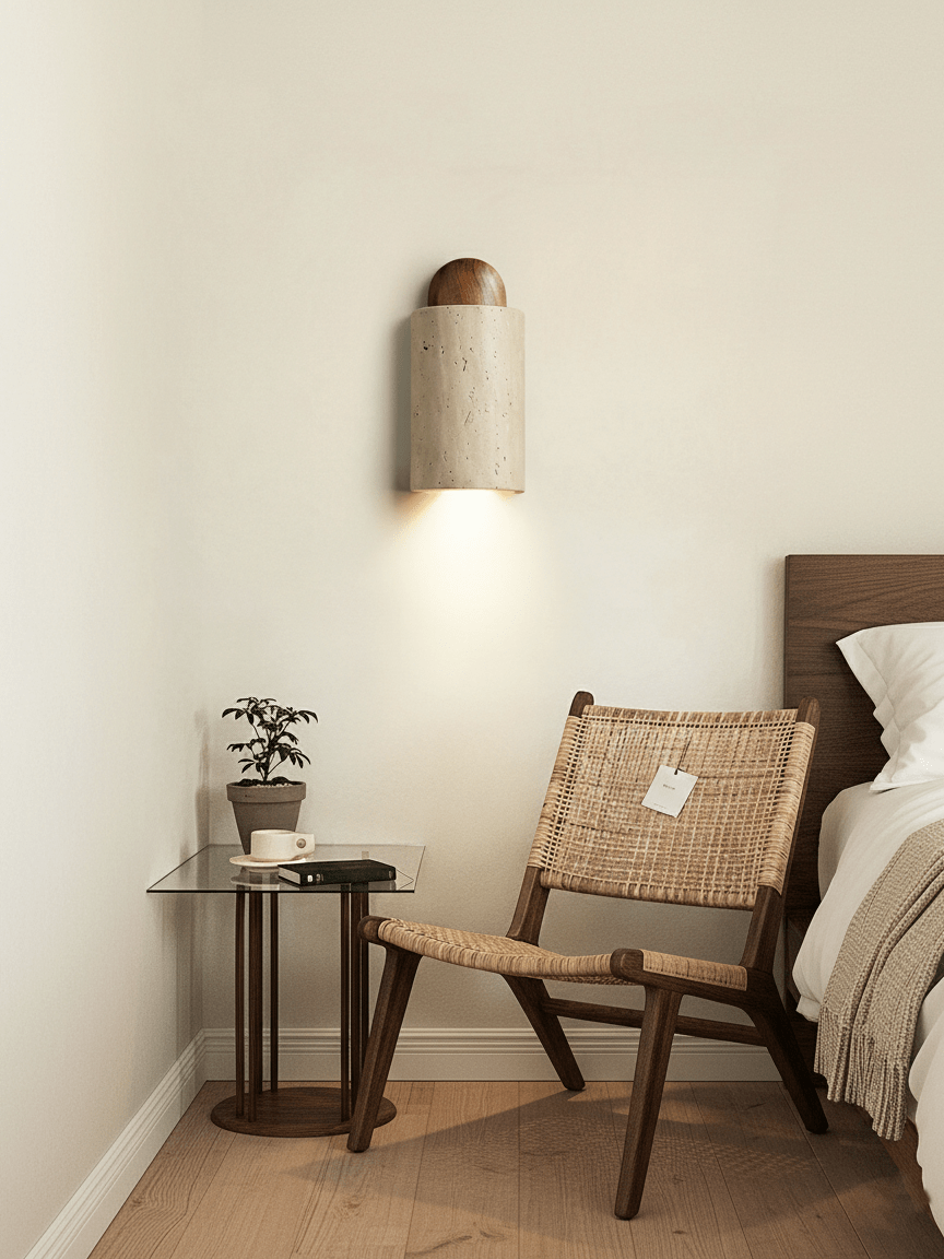 Travertine Cylinder Cap Wall Light - Dia 10cm x H 20cm Metal, Hardwired Wall Sconce, detail 4