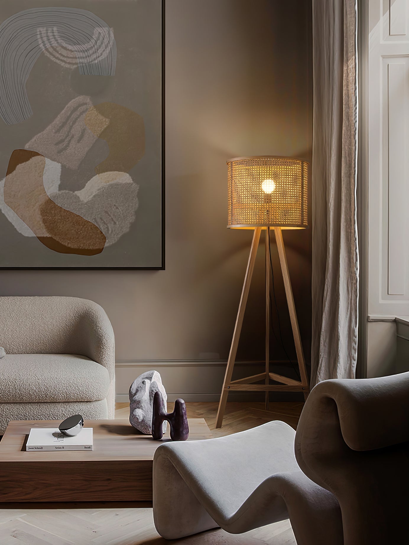 Tripod Wooden Rattan Floor Light, Floor Lamp, detail 4