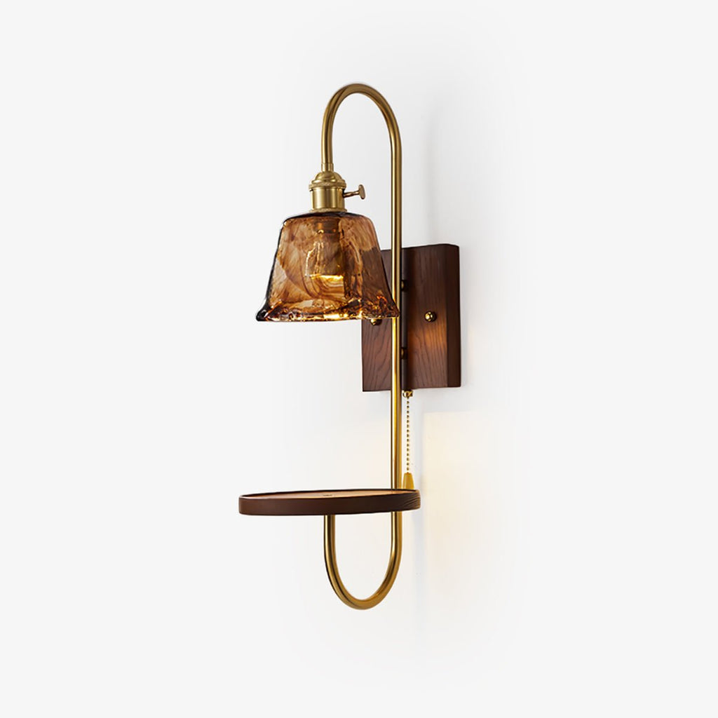 Walnut Shelf Wall Light, Hardwired Wall Sconce, Metal, H 54cm x W 18cm x L 25cm