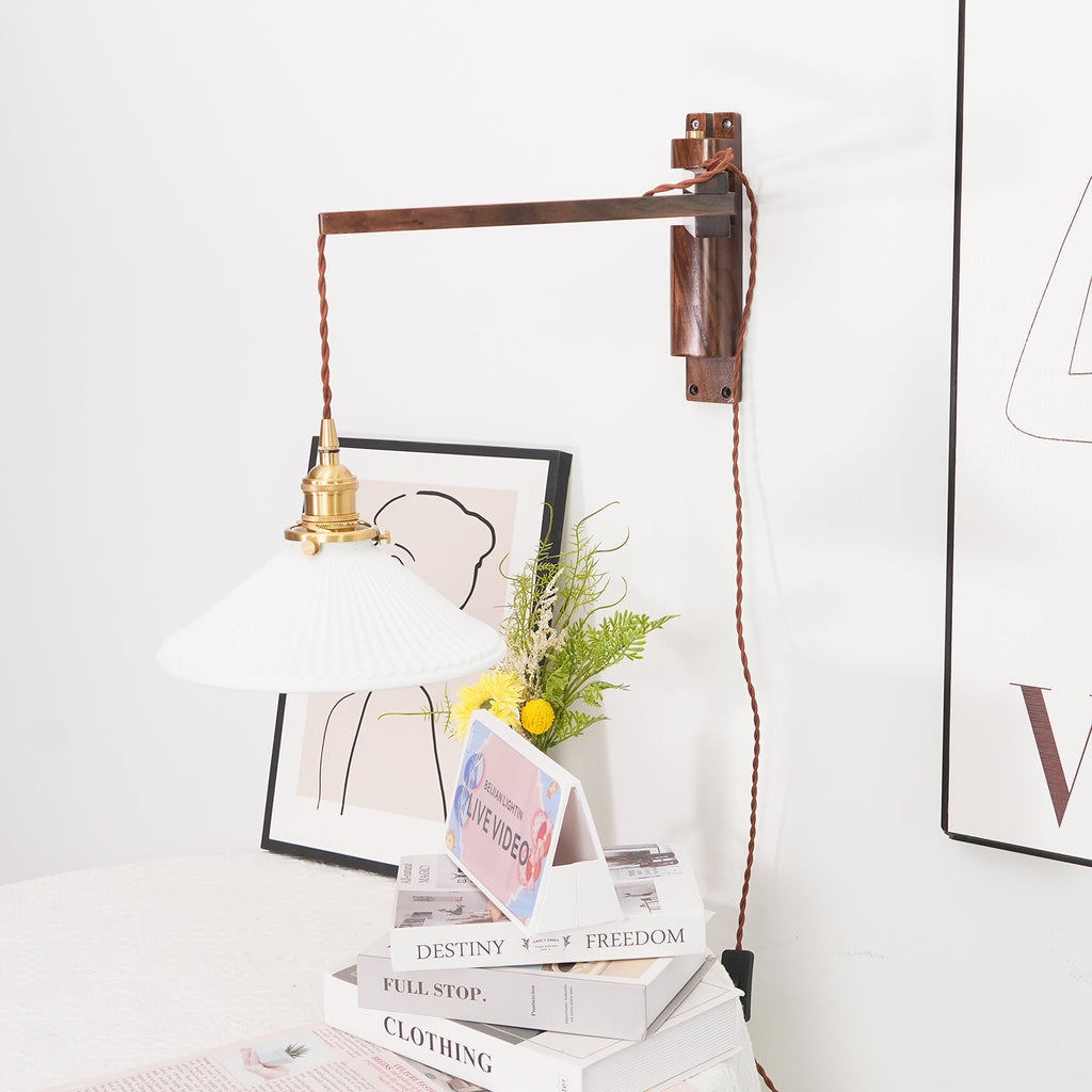 Pivot Arm Walnut Wall Light, Plug-In Wall Sconce, detail 14