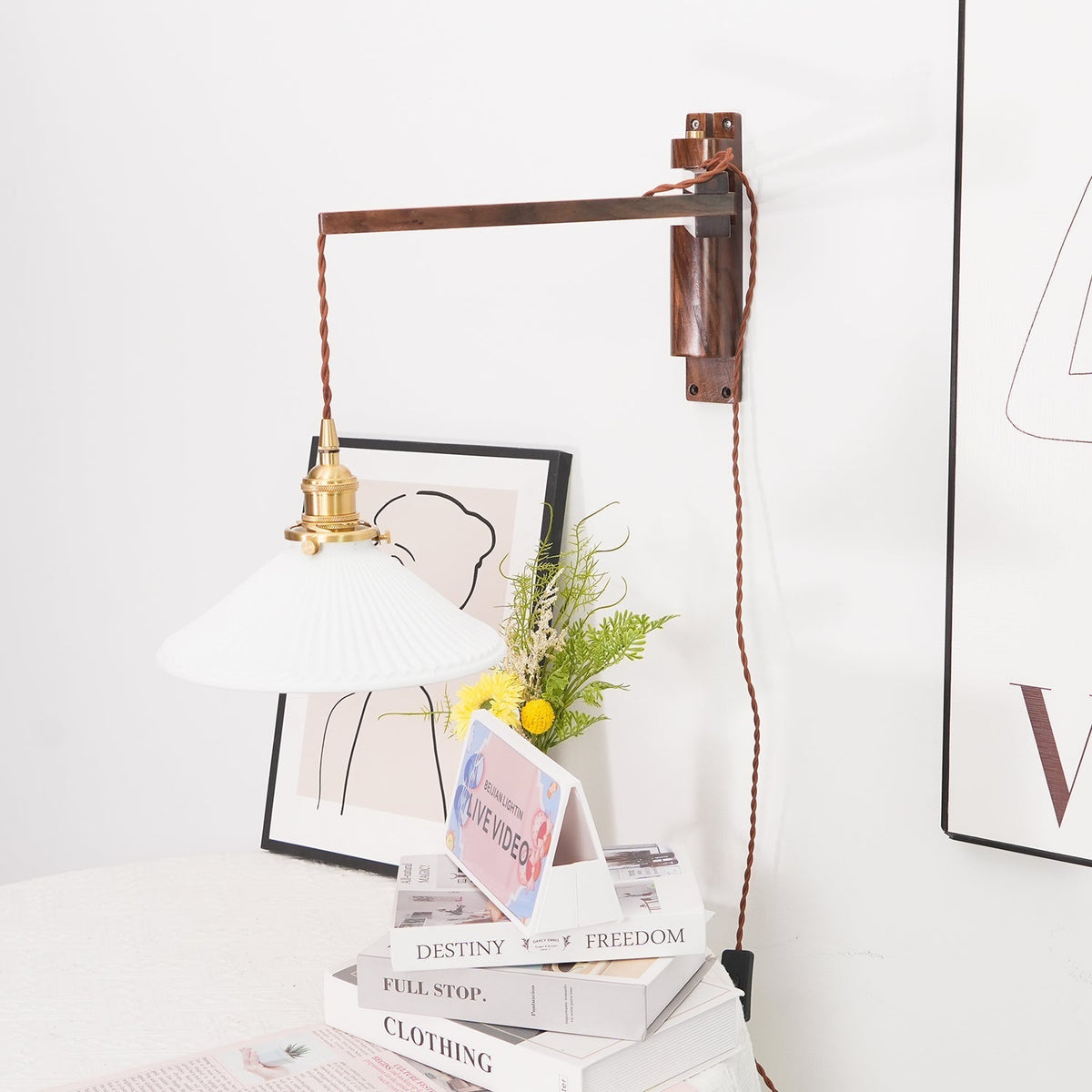 Pivot Arm Walnut Wall Light, Plug-In Wall Sconce, detail 14