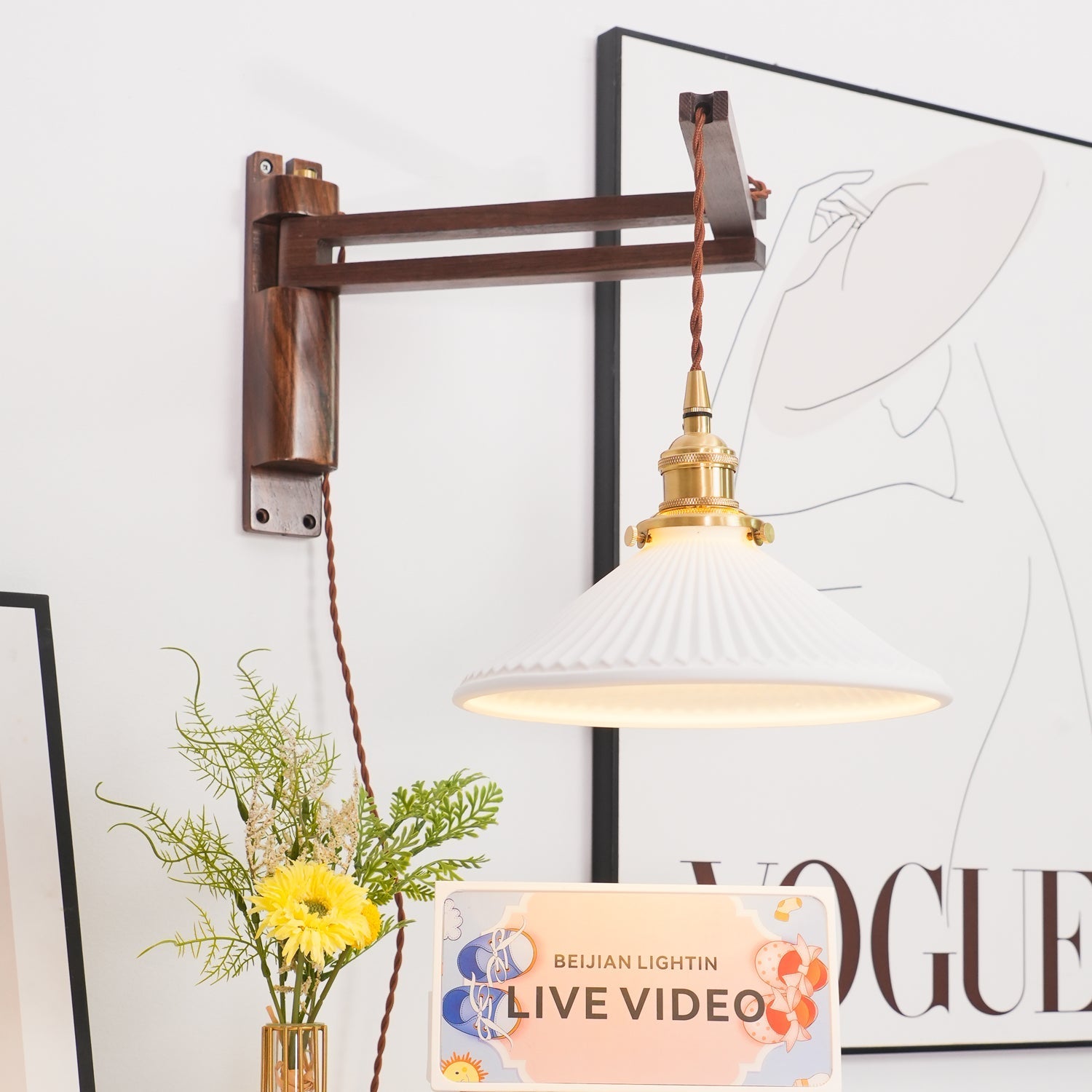 Pivot Arm Walnut Wall Light, Plug-In Wall Sconce, detail 12
