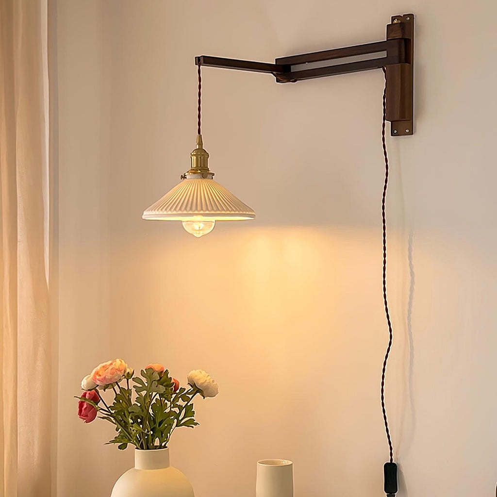 Pivot Arm Walnut Wall Light, Plug-In Wall Sconce, detail 9