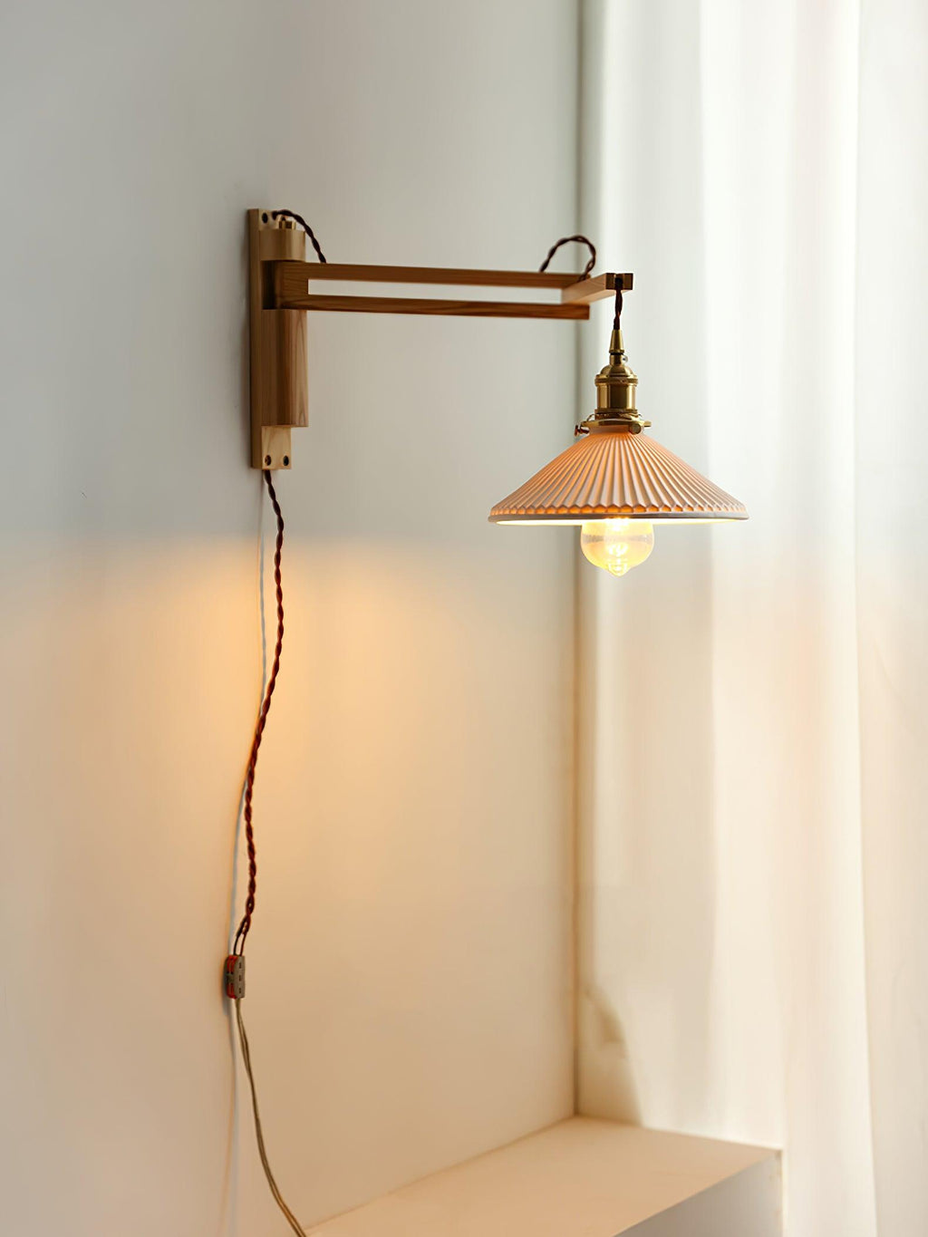 Walnut Pivot Arm Wall Light, Plug-In Wall Sconce, detail 14