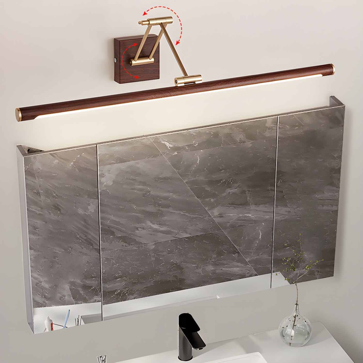 Walnut Color Linear Adjustable Wall Light, Hardwired Wall Sconce, detail 6