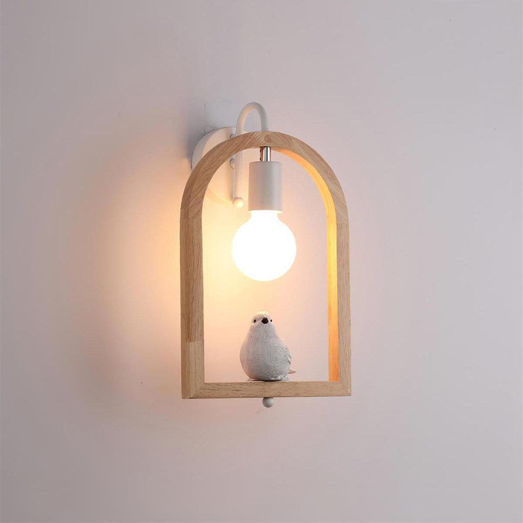 Wood Bird Resin Wall Light, Bedroom Wall Sconce, Oak wood, Model A: Dia 23cm x H 33.5cm