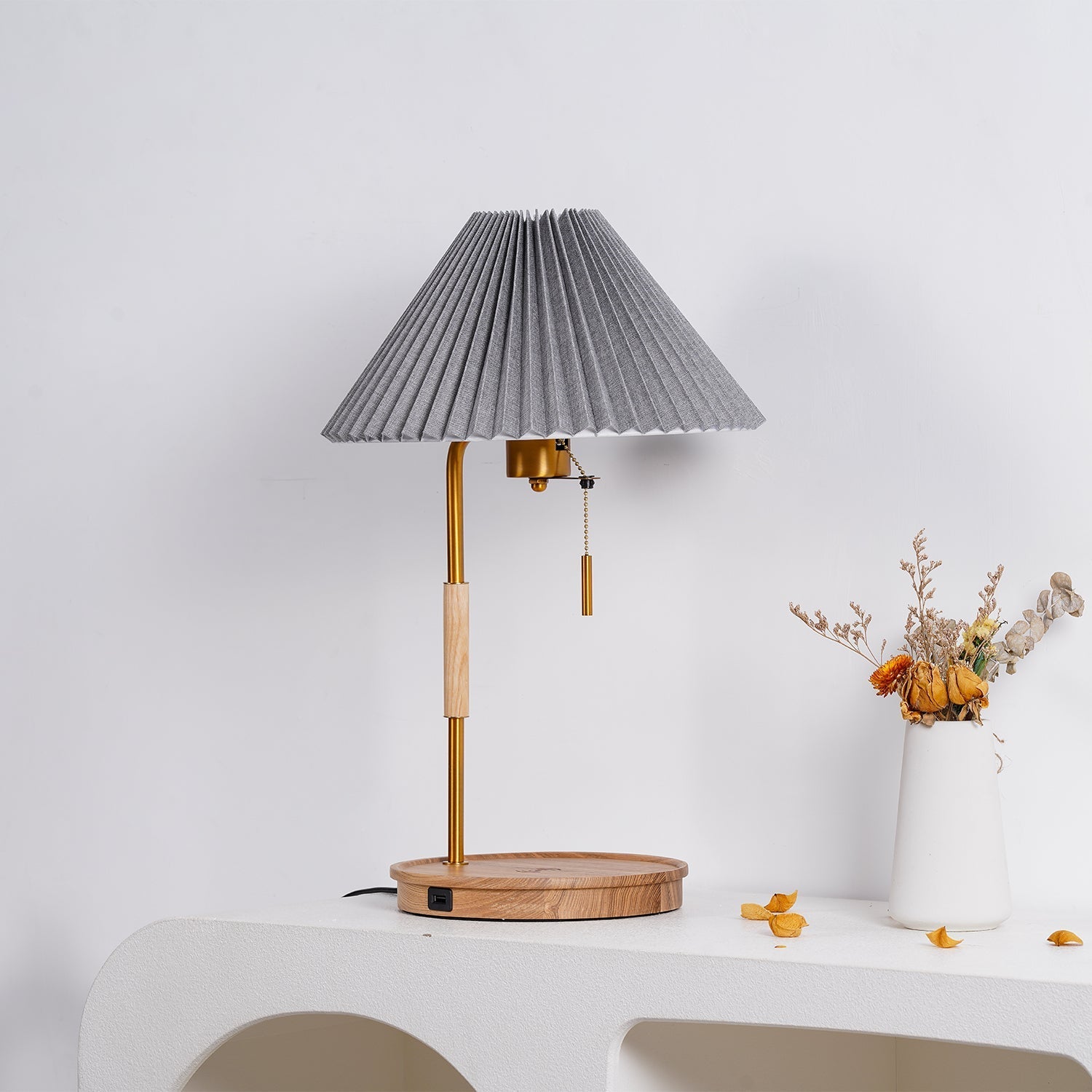Pleated Retro Wooden Table Light, Bedside Table Lamp, detail 3