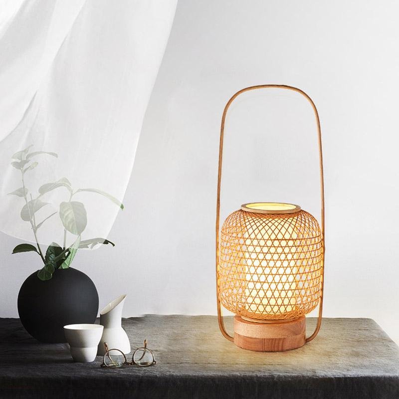 Rustic Woven Bamboo Table Light with Cylinder LED Light & USB Port, Bedside Table Lamp, detail 4