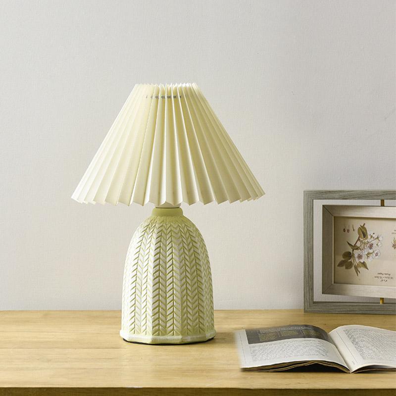Vintage Tapered Pleated Linen Shade Ceramic 1-Light Table Light, Bedside Table Lamp, Dia 3in x H 13in