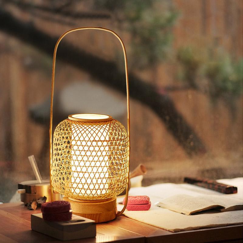 Rustic Woven Bamboo Table Light with Cylinder LED Light & USB Port, Bedside Table Lamp, 8" Dia x 20" H