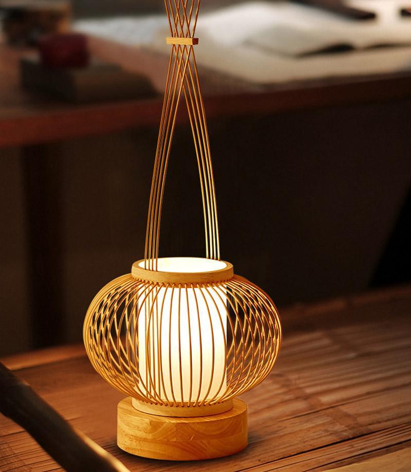 Rustic Woven Bamboo Table Light with Cylinder LED Light & USB Port, Bedside Table Lamp, detail 2