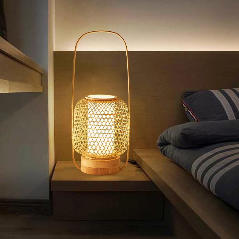 Rustic Woven Bamboo Table Light with Cylinder LED Light & USB Port, Bedside Table Lamp, detail 3