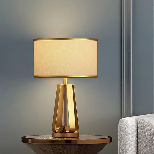 22 inch 1-Light Golden Faux Silk and Brass Geometric Table Light, Bedside Table Lamp, Dia 15in x H 22in