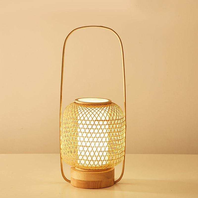 Rustic Woven Bamboo Table Light with Cylinder LED Light & USB Port, Bedside Table Lamp, detail 5
