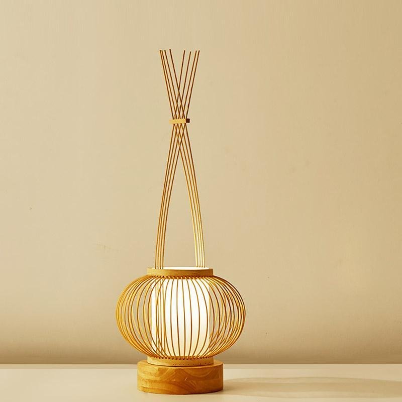 Rustic Woven Bamboo Table Light with Cylinder LED Light & USB Port, Bedside Table Lamp, detail 6