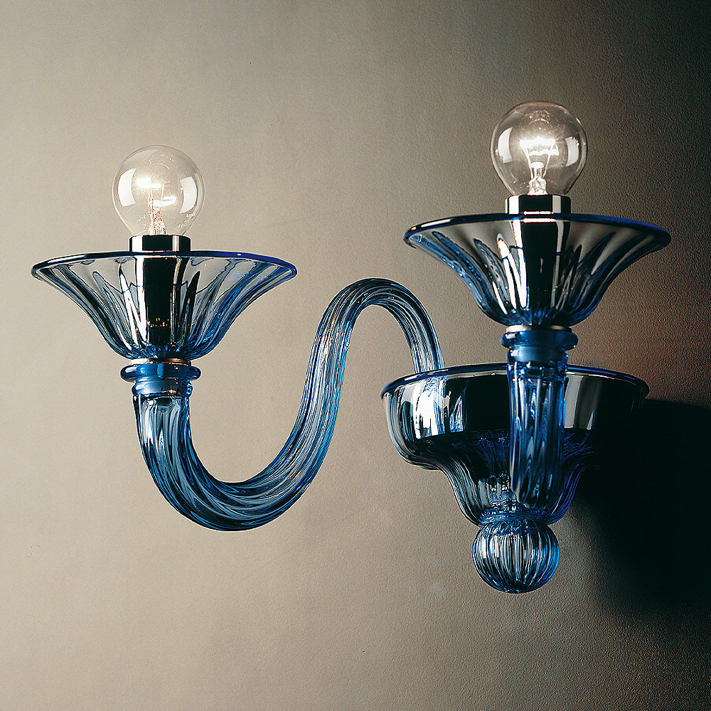Timeless Blue Glass Ribbed Detail Wall Light, Wall Sconce, Width 40 cm