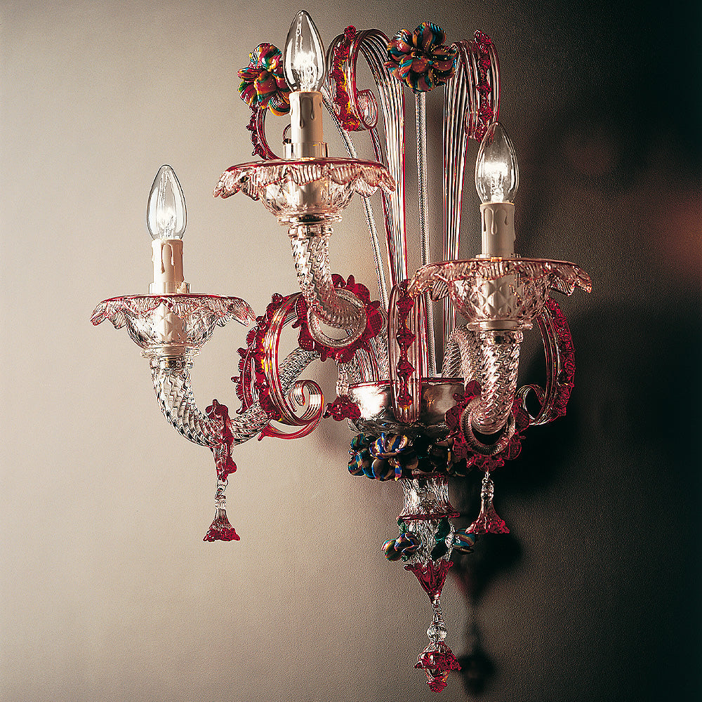 Timeless Glass Wall Light With Red Floral Detailing, Bedroom Wall Sconce, Width 48 cm