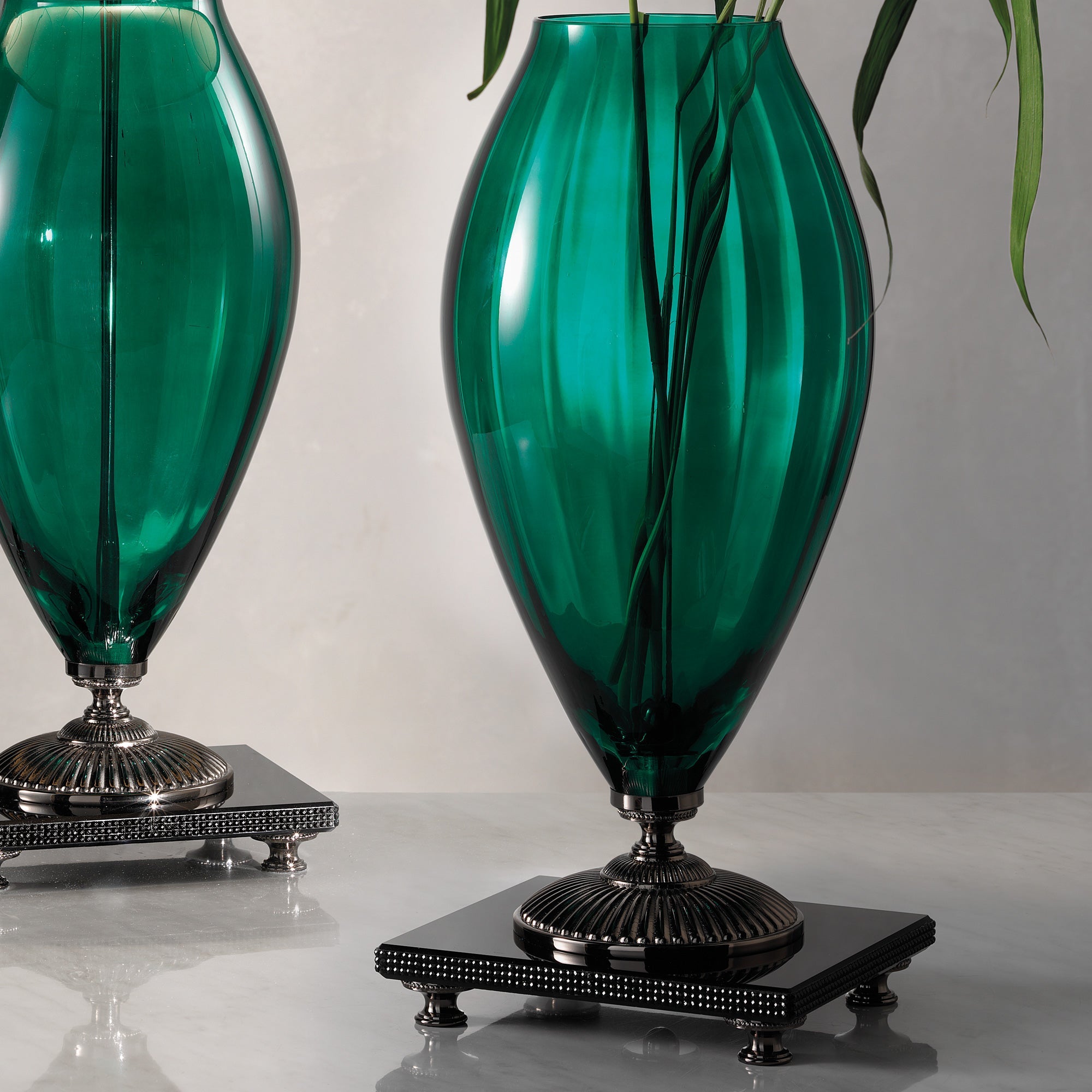 Green Glass Table Light And Vase With Rhinestones, Bedside Table Lamp, detail 4