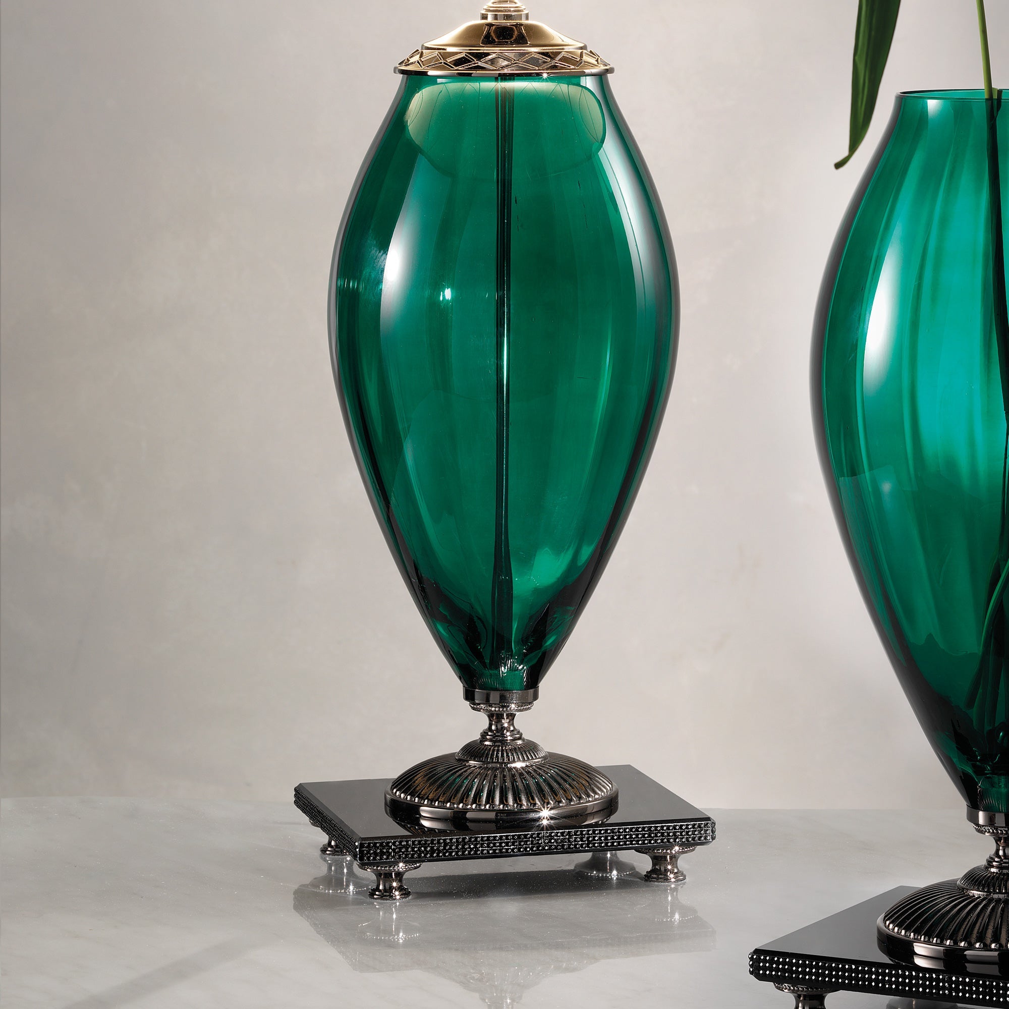 Green Glass Table Light And Vase With Rhinestones, Bedside Table Lamp, detail 3