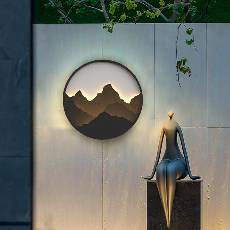 Circular Mountain Scenery Decor LED Waterproof Rustic Exterior Wall Fixtures, Outdoor Wall Light, 18"