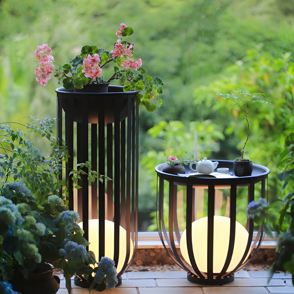 Industrial Solar Exterior LED Floor Lantern Lamp with Tray, Outdoor Wall Light, Carbon Steel, 21" Dia x 22" H