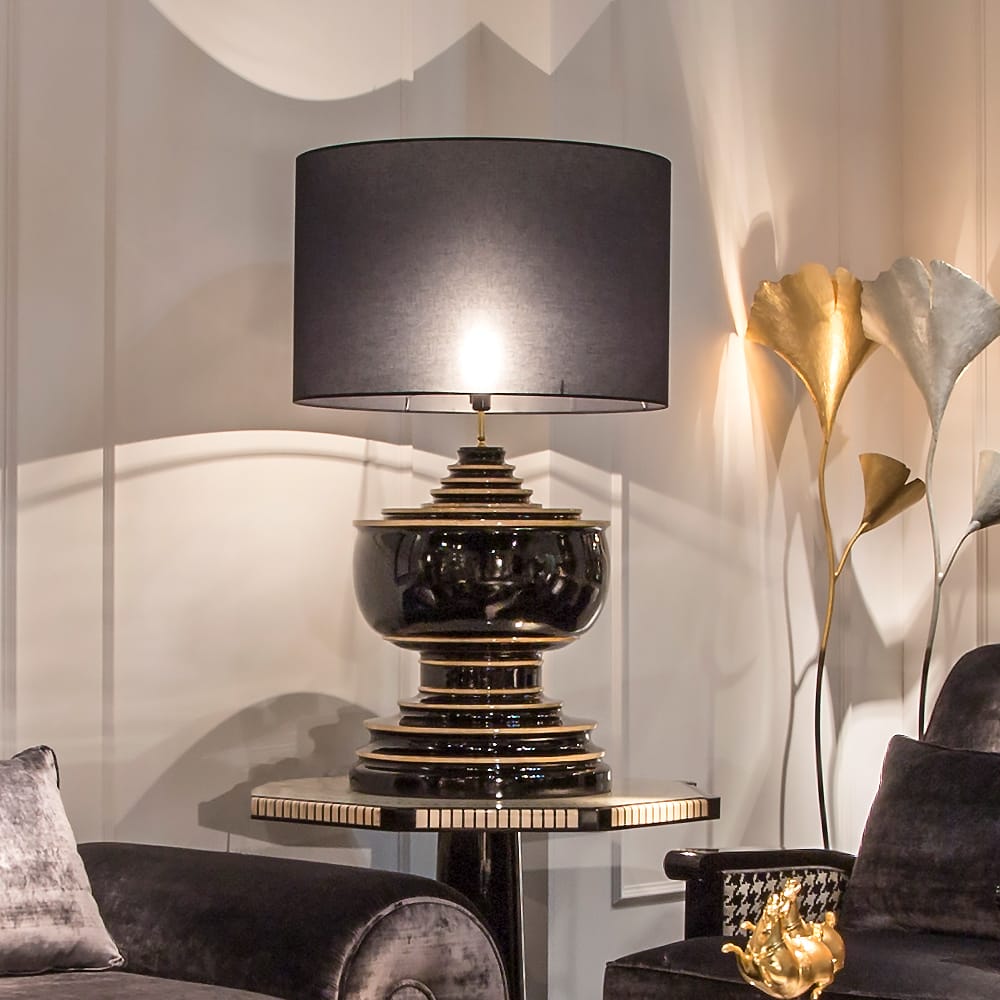 Large Black Lacquered Table Light, Bedside Table Lamp, detail 2