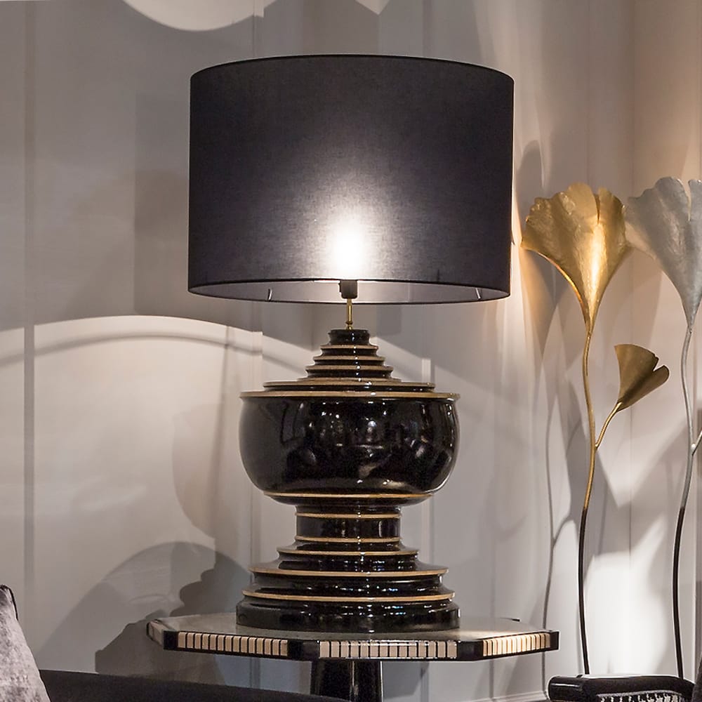 Large Black Lacquered Table Light, Bedside Table Lamp, overall height 83 cm