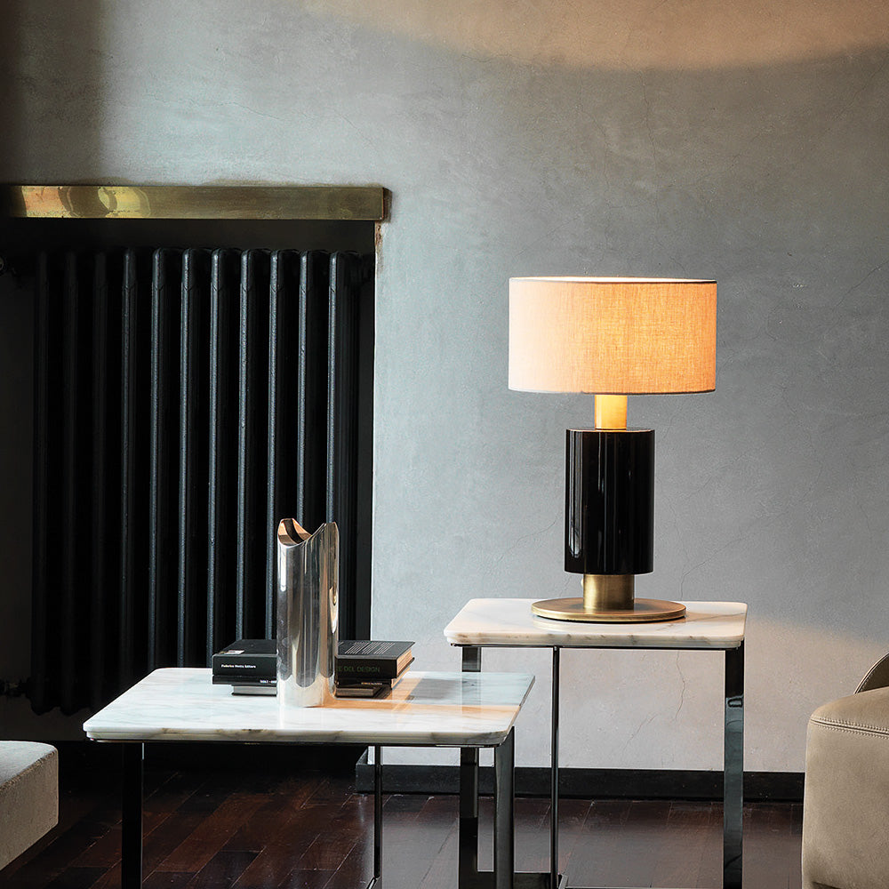 Premium Italian Burnished Brass And Ebony Veneer Table Light, Bedside Table Lamp, Height 50 cm