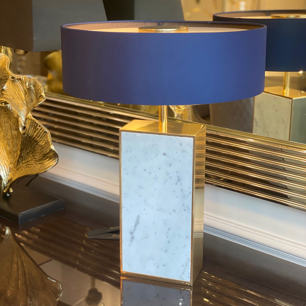 Contemporary Marble Designer Gold Table Light With Blue Shade, Bedside Table Lamp, overall height with shade 53