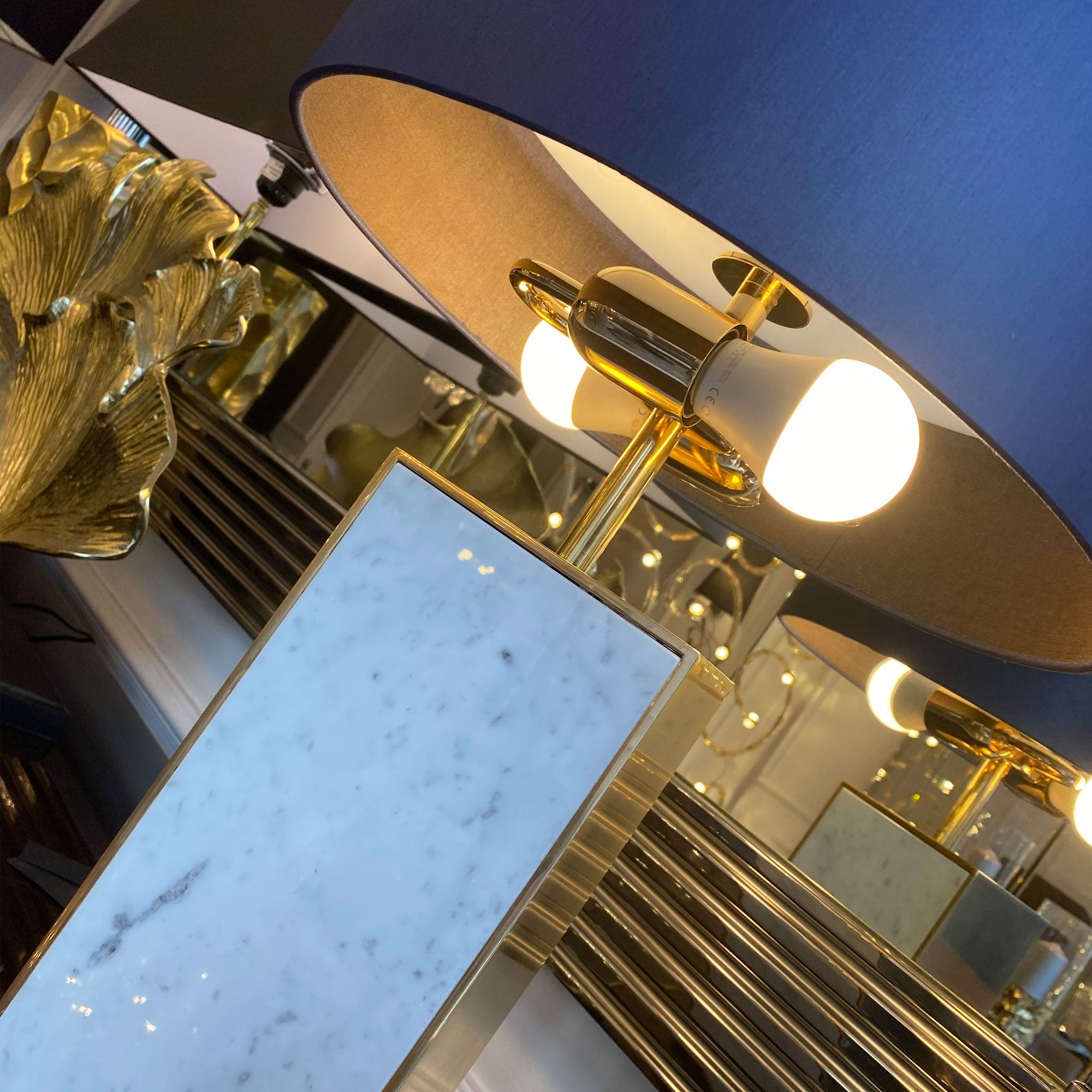 Contemporary Marble Designer Gold Table Light With Blue Shade, Bedside Table Lamp, detail 4