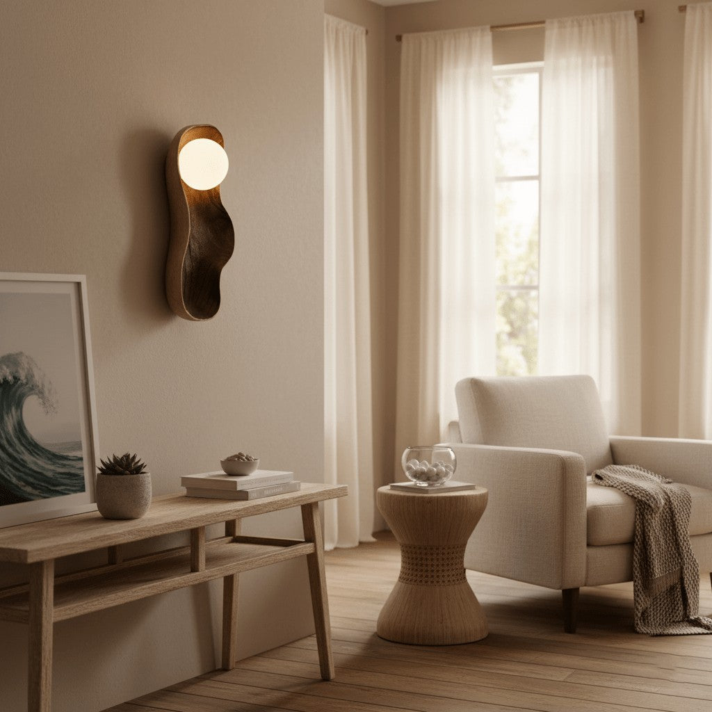 Natura Dual Orb Wooden Wall Light, Hardwired Wall Sconce, detail 4