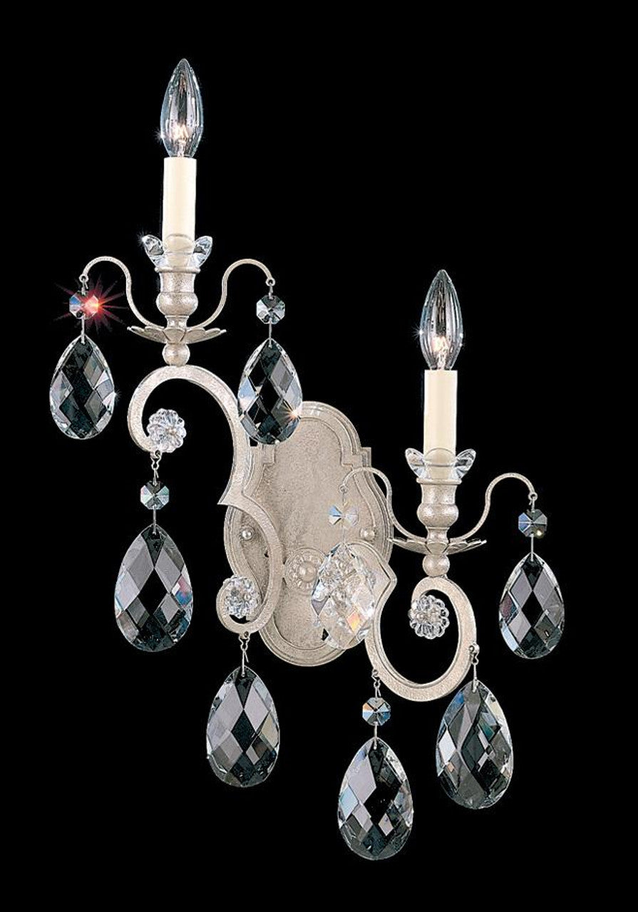 Renaissance Wall Light, 2-Light, Left, Antique Silver, Clear Crystal, 22.5"H, Hardwired Wall Sconce, 14"W x 22.5"H