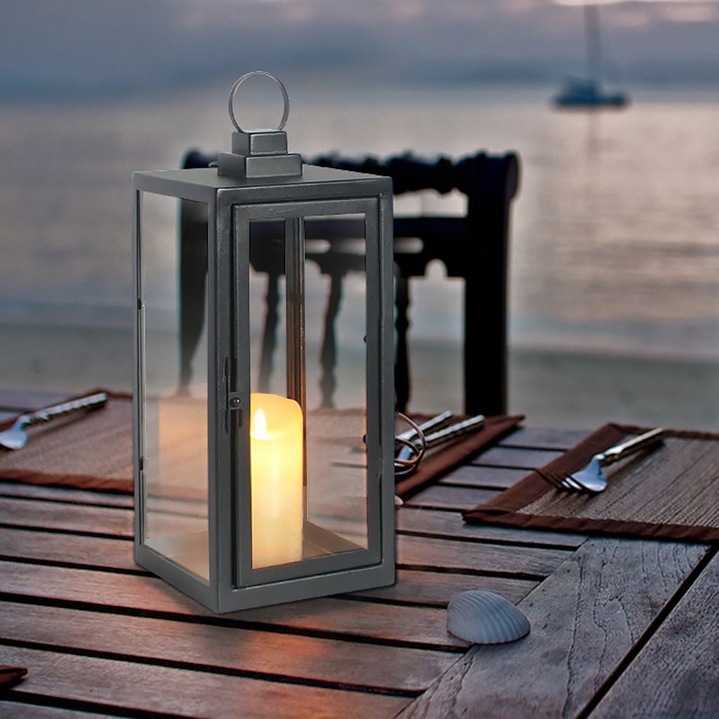 Glass Candle Holder DC 5V LED Black Contemporary Portable Exterior Floor Llights, Outdoor Wall Light, Galvanized Steel, 7"x7"x14"