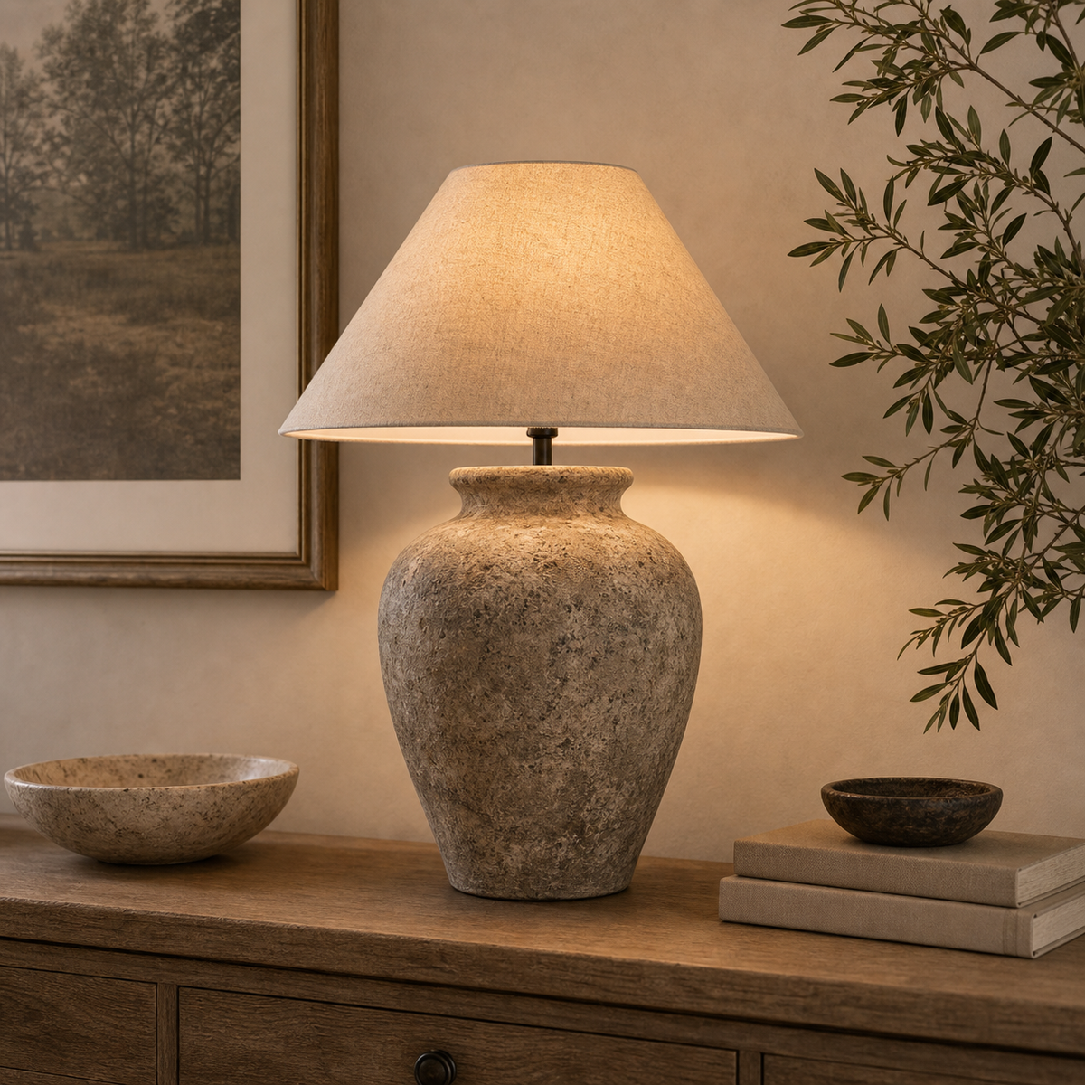Terra Cotta Etruscan Urn Table Light - Lifestyle Living Room Or Hallway Scene [terra-cotta-etruscan-urn-table-lamp-lifestyle-living-room-or-hallway-scene.png]