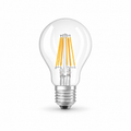 Clear A19 bulb with yellow LED filaments and an E26 medium screw base
