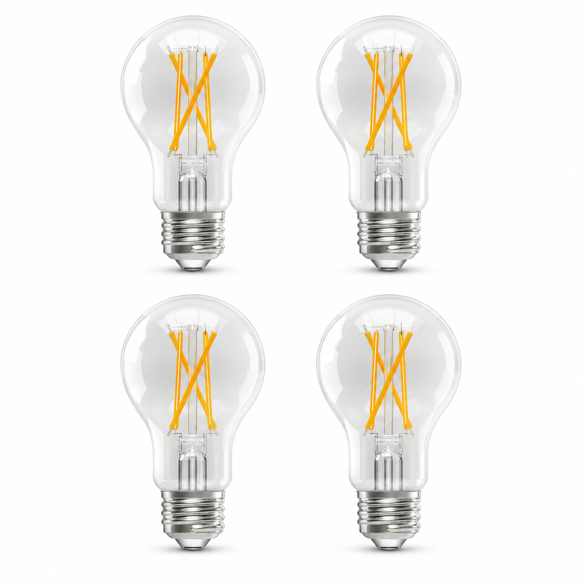 Four Tianguang clear A19 LED bulbs with yellow filaments and E26 medium screw bases