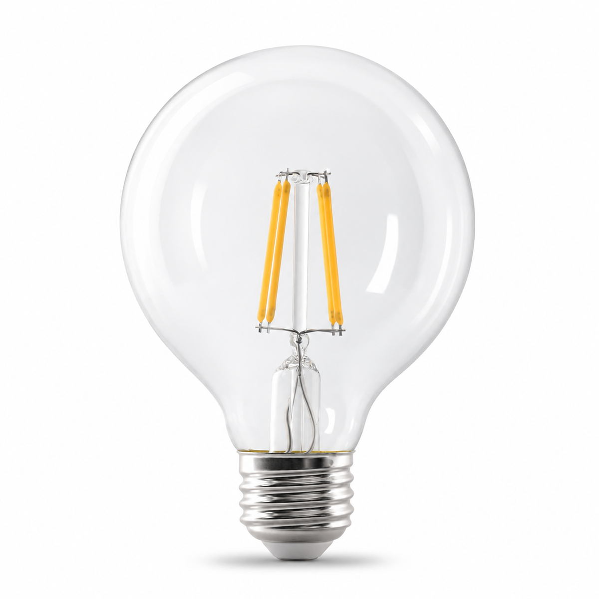 Clear G25 globe bulb with yellow LED filaments and an E26 screw base