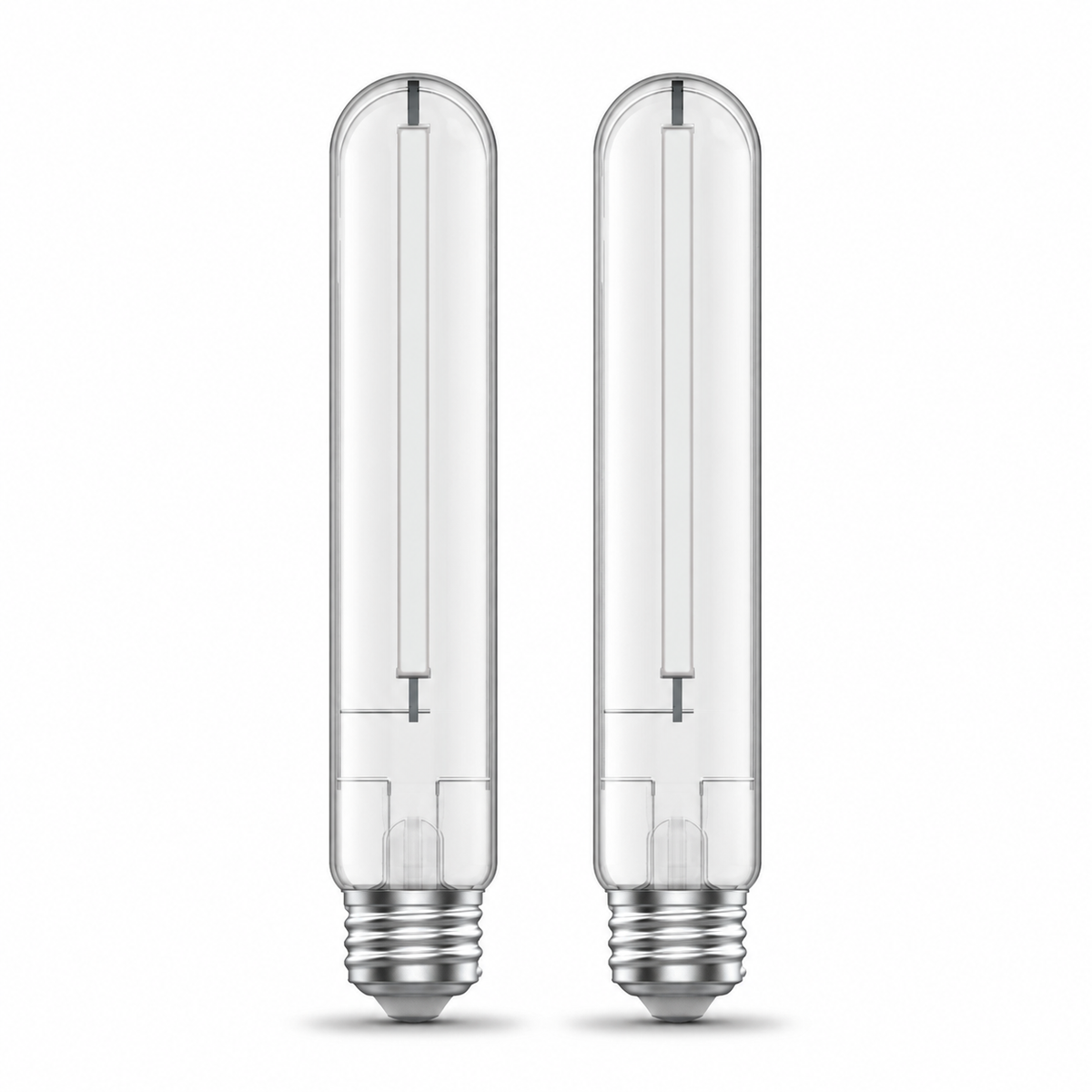 Two Tianguang long clear T10 tubular LED bulbs with white filaments and E26 screw bases