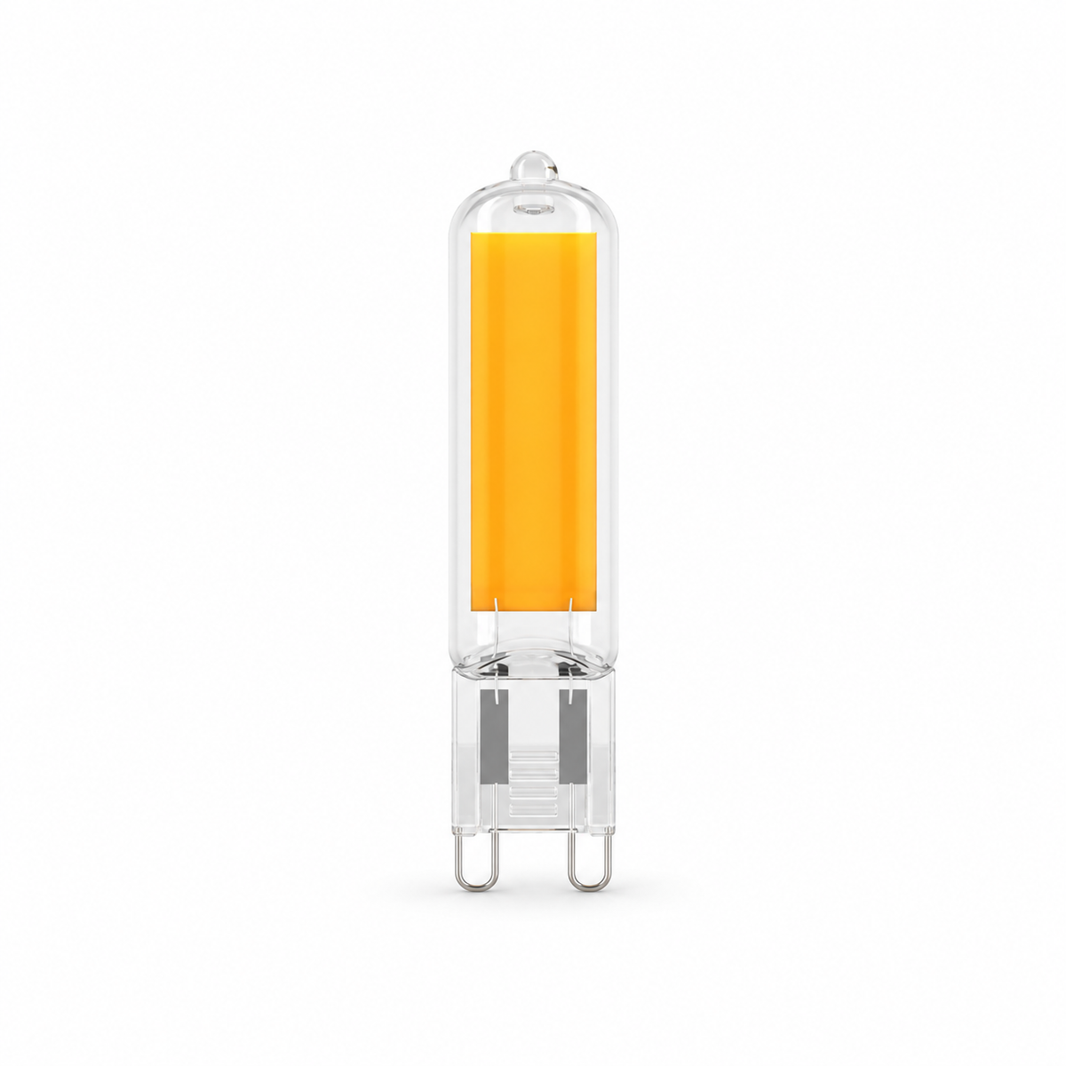 Clear G9 T4 LED capsule with a yellow LED panel and two loop contacts