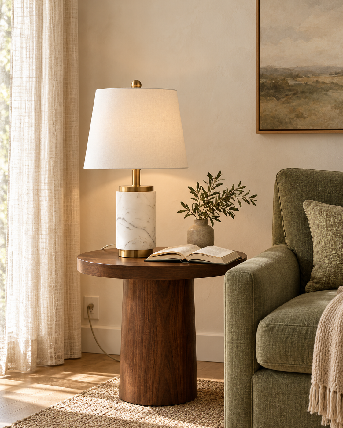 AI-generated styling concept inspired by the Joan marble table lamp beside an olive reading chair